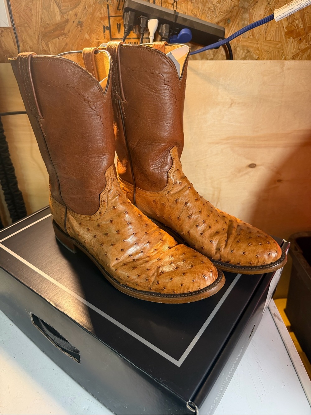 Lucchese Two-Tone Brown Tan Ostrich-Textured Western Boots